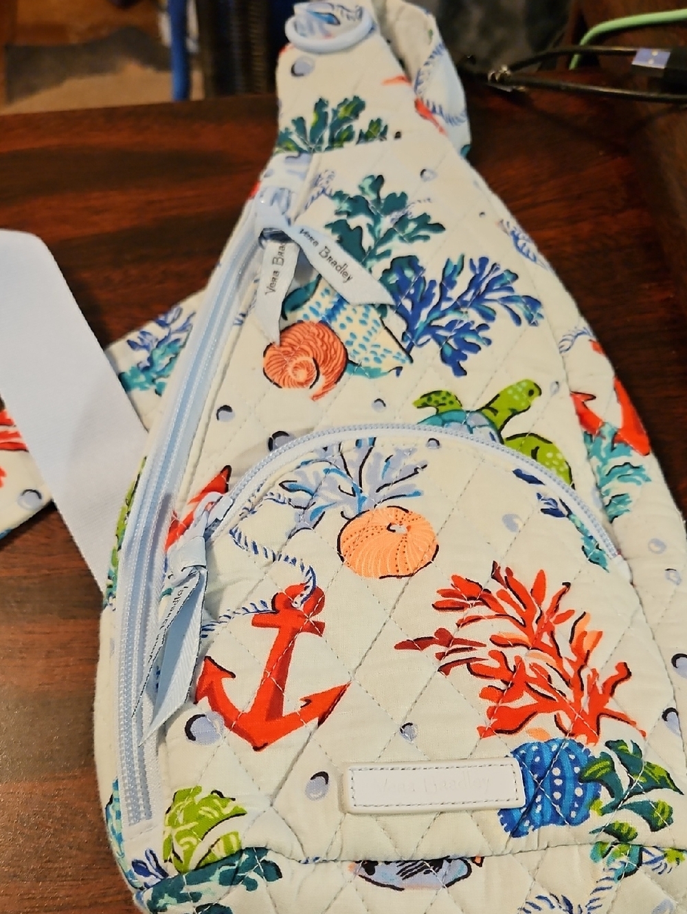 Vera Bradley Quilted Sea Life Sling Bag - Cream with Coral & Blue Accents